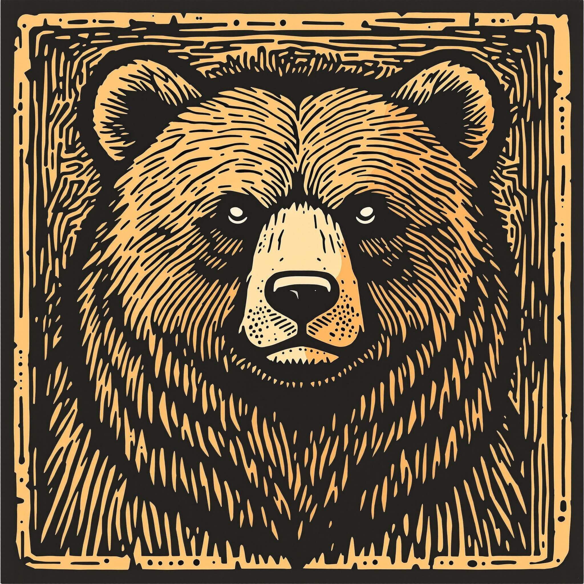 Wood block illustration of a black bear