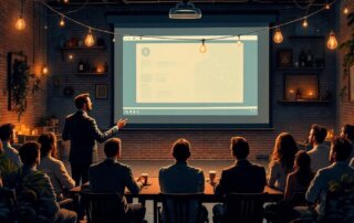 An illustration of someone pitching in front of an audience